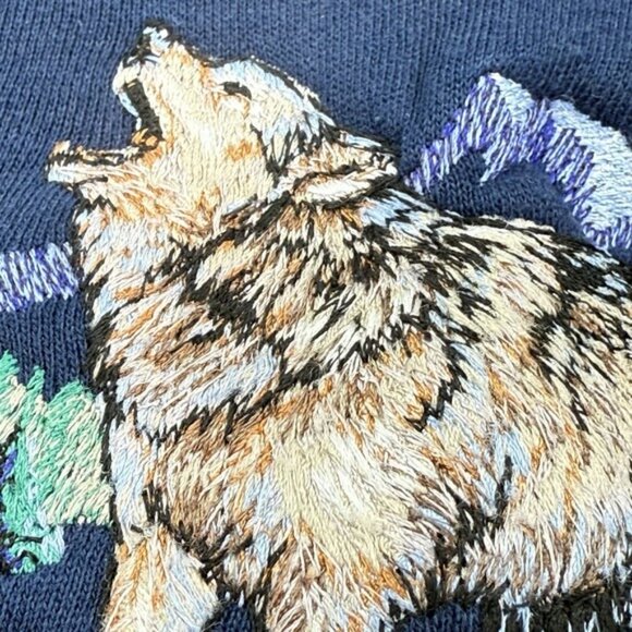 Vintage 90s Habitat Wilderness Hoodie M Embroidered Wolf Plaid Lined Hood Navy - Picture 11 of 16
